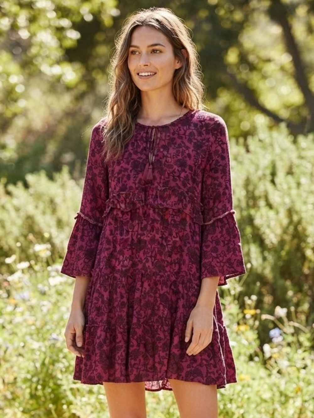 American Eagle Outfitters | AEO Tiered Boho Dress Long Bell Sleeves GUC Bohemian
